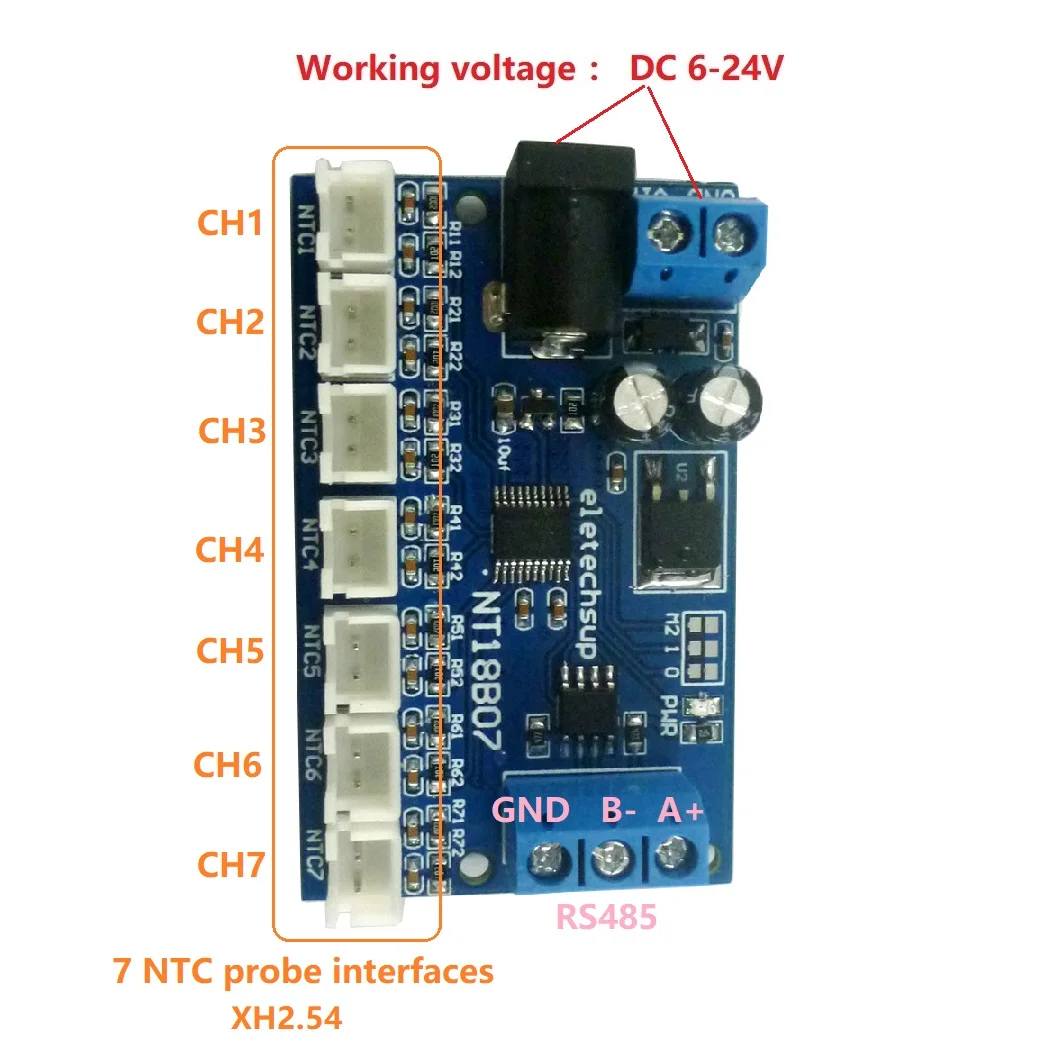 

7-канальный 12 в rs485 ntc термистор, датчик температуры modbus rtu, плата контроля удаленного сбора b3950 10k 1%