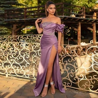 lorie long party dress for mother of the bride off the shoulder appliques beaded pleats high side split satin evening prom gown