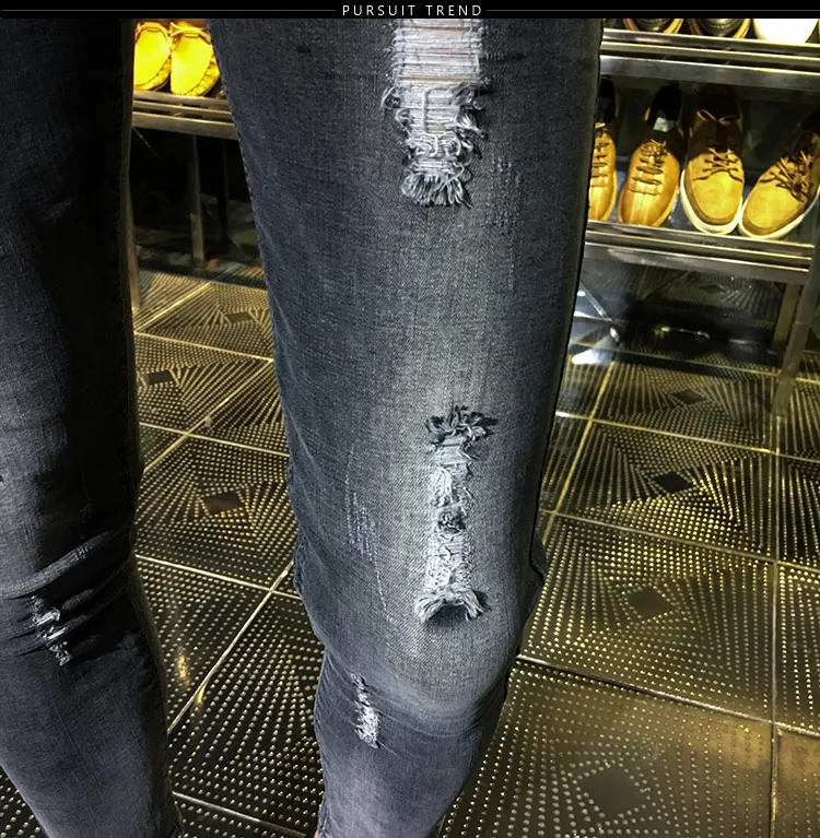 NEW spring autumn skinny strech Casual ripped hole fashion black teenagers hip hop cowboy denim leg jeans men pencil pants