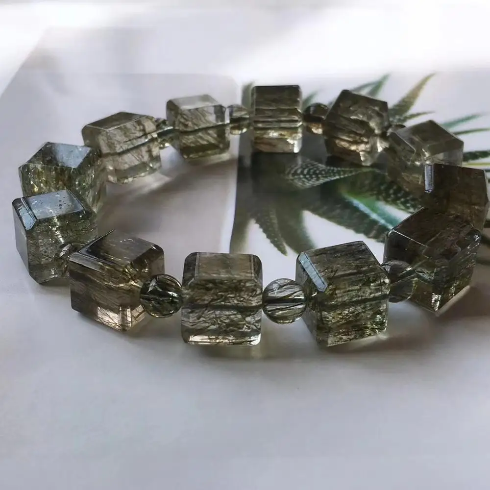 

Genuine Natural Green Rutilated Tourmilated Quartz Bracelet Clear Cube Rectangle Beads 11.5mm Women Men Best Stone AAAAA