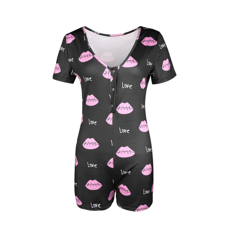 

Female Nightwear Cartoon Panda Print V-Neck Short Sleeve Jumpsuit Bodycon Bodysuit Pajamas Women Home Casual Sleepwear