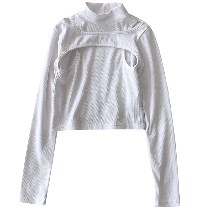 

Kimutomo Long Sleeve Hollowed Out T-shirt Women 2021 Spring New Korean Clothing Female Half Turtleneck Solid Short Tops Casual