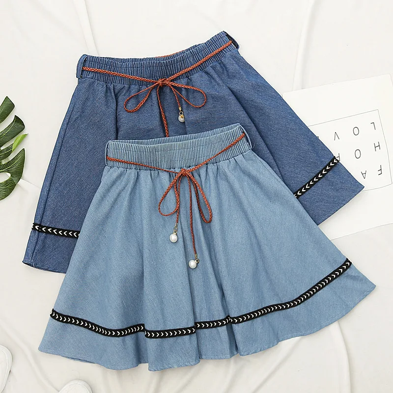 Джинсовая юбка с поясом летняя хипстерская однотонная трапециевидная