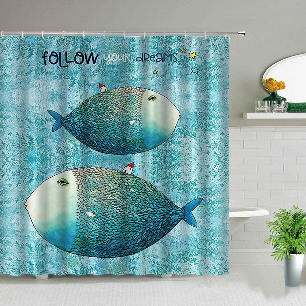 

Waterproof Bathroom Curtains Cartoon Cute Fish Printed Shower Curtain Set Polyester Fabric Bathtub Partition Cloth Home Decor