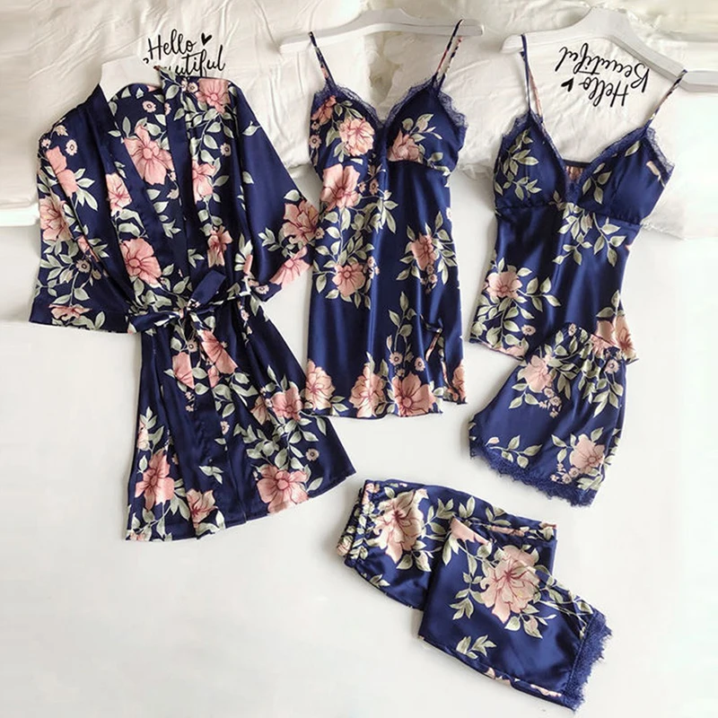 Pink Pajamas Sets Womens 5PC Strap Top Pants Sleepwear Suit Spring Autumn Home Wear Nightwear Kimono Robe Bath Gown S-XXXXL