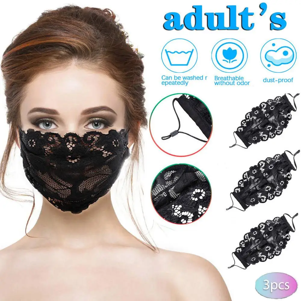 Ladies Black Flower Embroidery Lace Adjustable Mesh Thin Breathable Mask Reusable Washable beauty party mask | Дом и сад