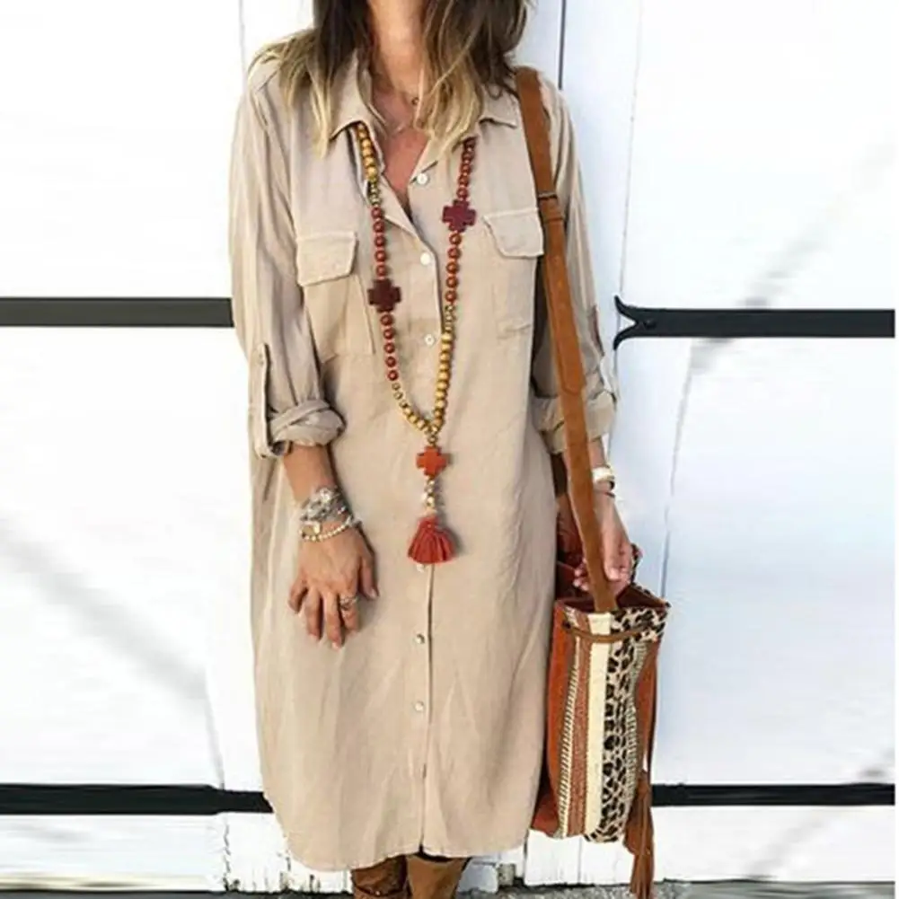 Женское свободное однобортное платье рубашка макси с отложным воротником