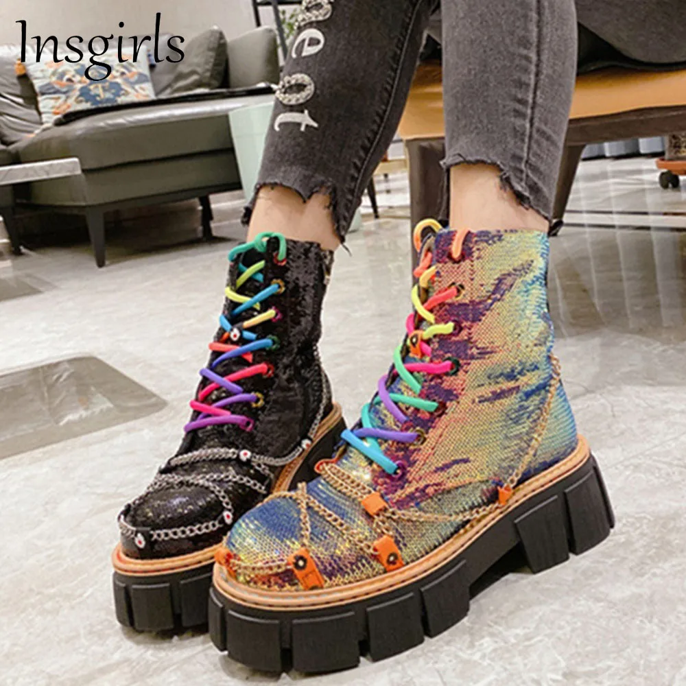 

Multi Bling Motorcycle Boots Women 2021 Autumn Fashion Round Toe Ladies Lace Up Platform Shoes With Chain Dress Ankle Boots