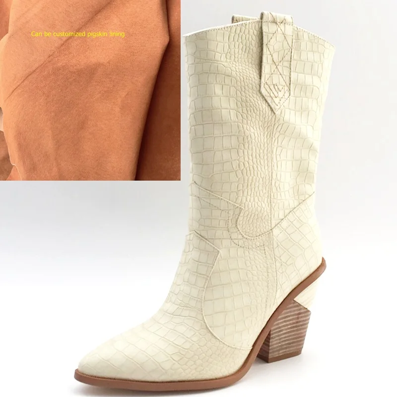 beige in pigskin Модные женские ботильоны из тисненой микрофибры; ковбойские ботинки с острым носком в западном стиле; женские ботинки до середины икры на массивной танкетке; Подиумные - Цвет: beige in pigskin