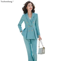 women elegant pant suit over sized 5xl apricot blue pink ruffle 2 piece set fashion office ladies shawl collar work wear blazer