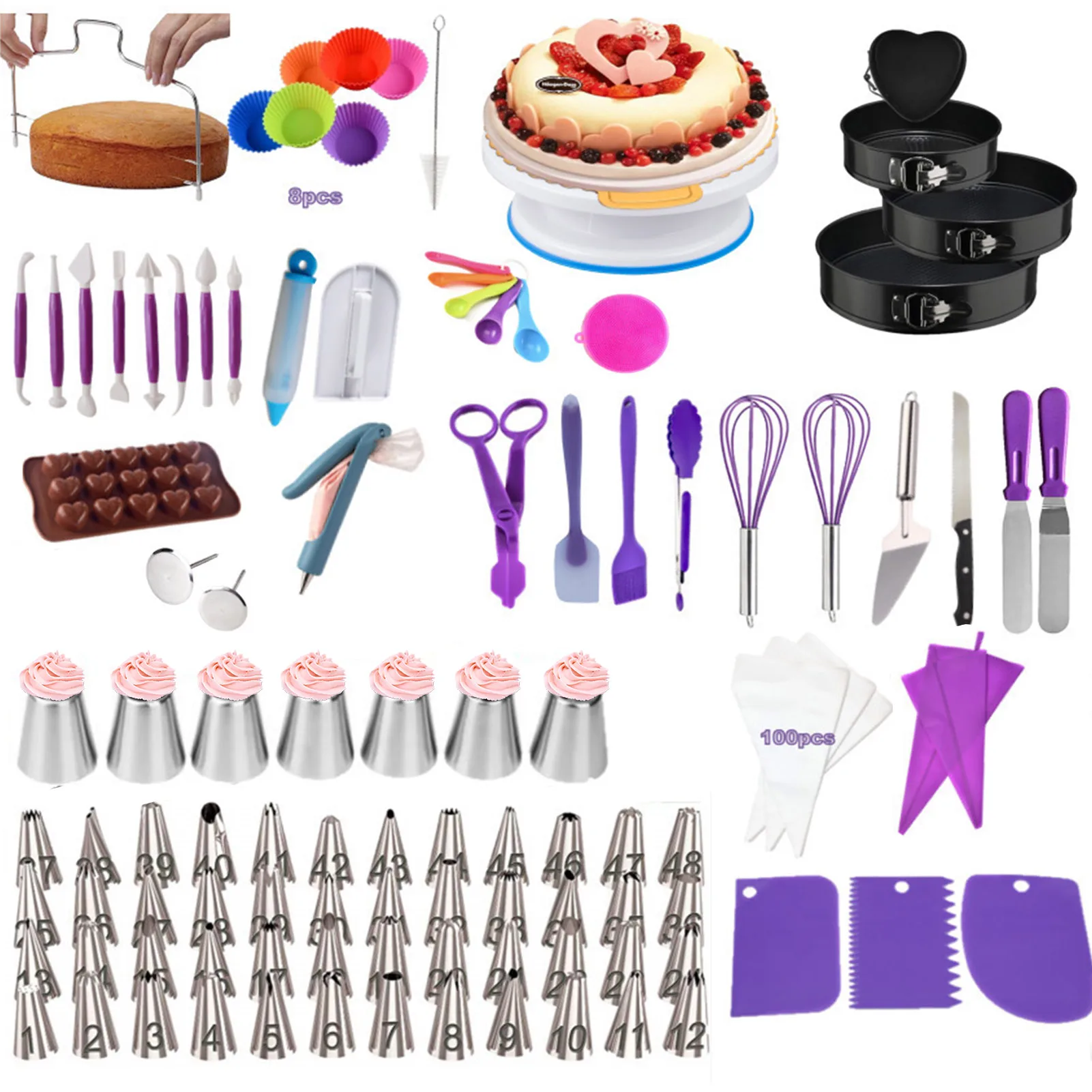 

262pcs/set Cake Turntable Set Multifunction Cake Decorating Kit Pastry Tube Fondant Tool Party Kitchen Dessert Baking Supplies