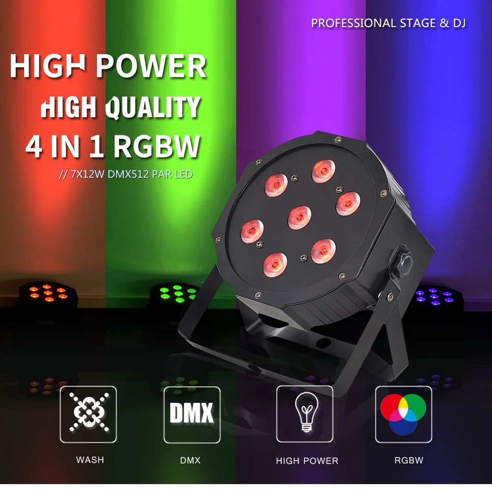 DMX Control LED Par 7x12W RGBW 4IN1 Luxury DMX 8 Channels LED Flat Par Light(6pcs/lot