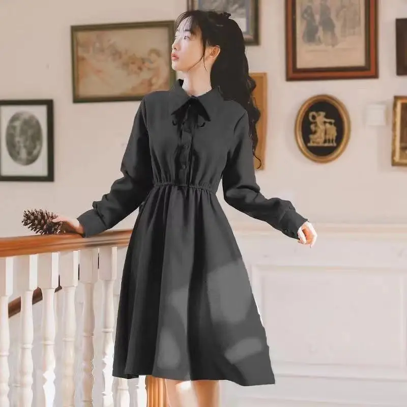 

Women bow dress Korean student style Khaki black autumn thin long sleeve dress Versatile fashion oversize dress