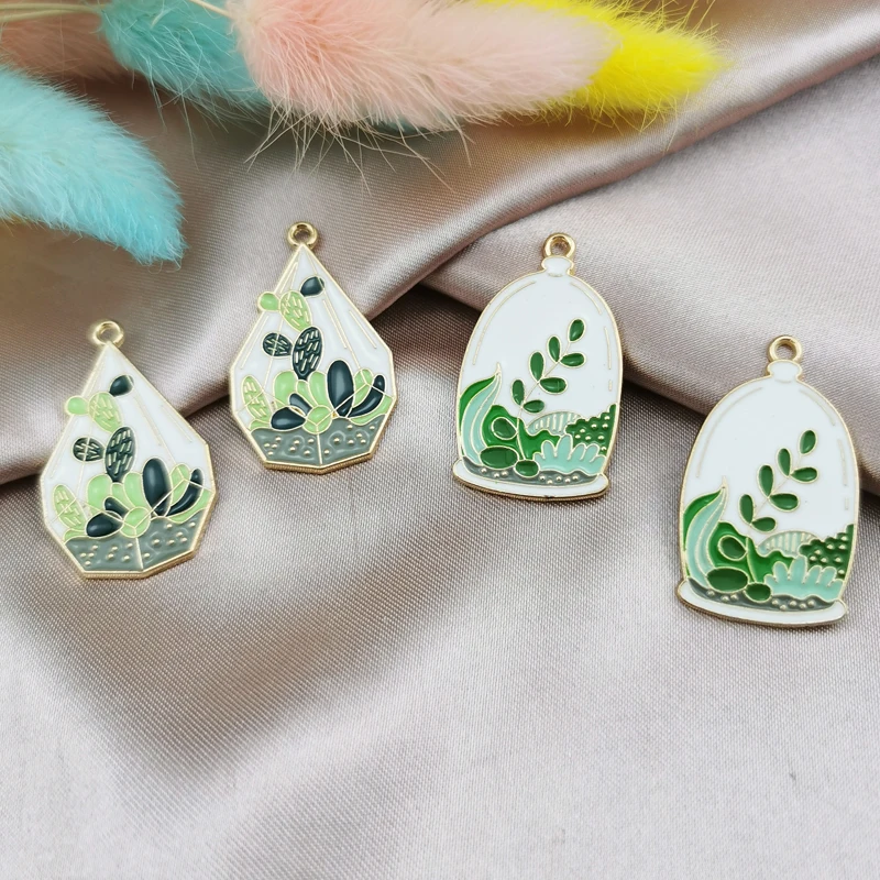 10 шт. эмаль Противоударная заданяя рисунком кактуса в горшке и металлическими