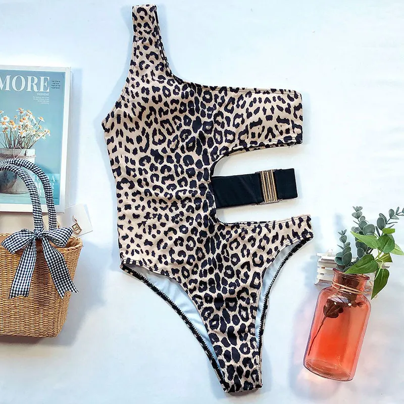 

Leopard print bikinis 2020 Mujer One shoulder swimwear female High cut bodysuits one-piece swimsuit women Hollow out monokini