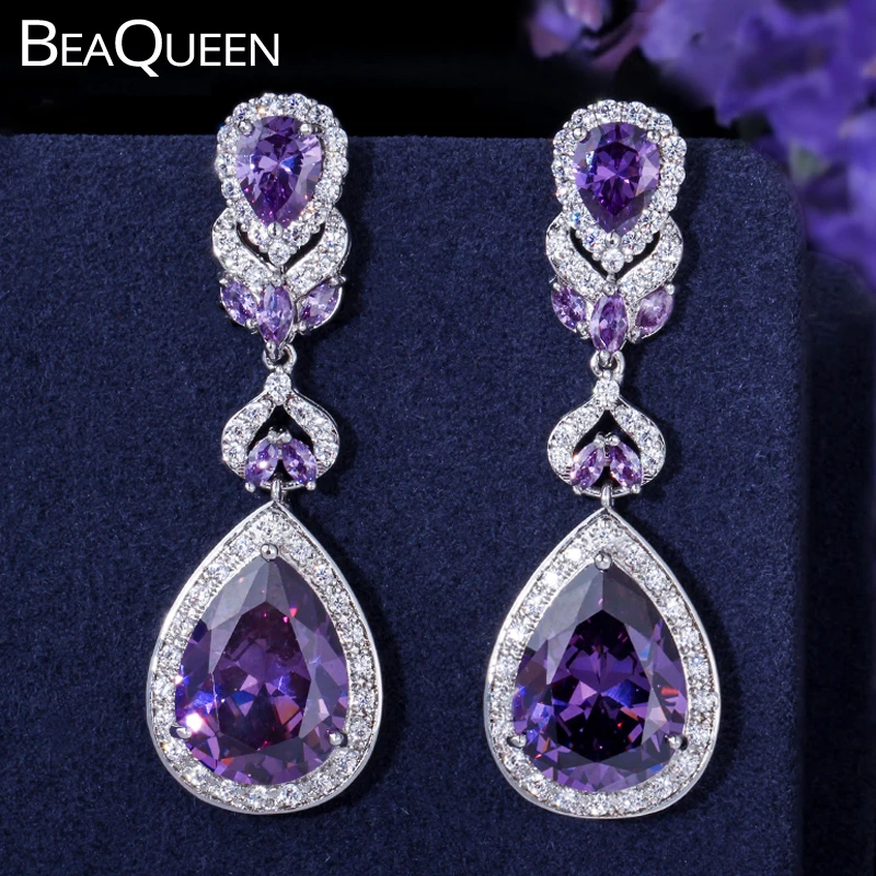 

BeaQueen European American Luxury Purple Crystal Earrings Pear Cut Long Drop Women Wedding Earring with Cubic Zirconia E024