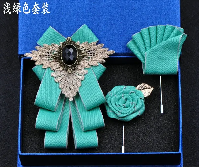 3pcs Bow Tie Set Элегантный мужской и женский деловой Галстук Свадебная вечеринка сплав броши галстук-бабочка Набор Полосатый носовой платок Карманный квадратный ленточка с бантиками - Цвет: 3pcs Bow Tie Set