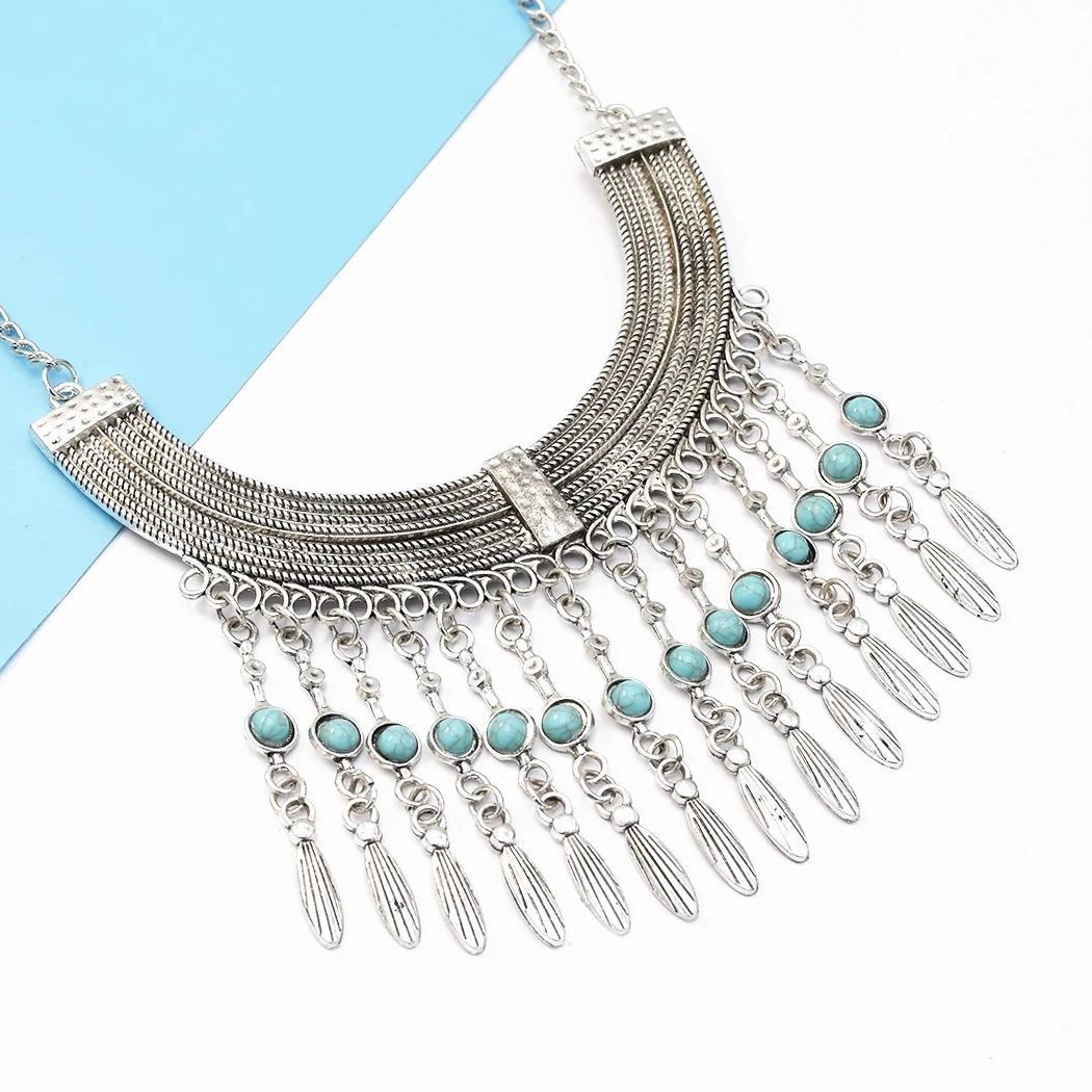 

Afghanistan Vintage Metal Tassel Blue Necklace For Women Turkish Gypsy Rhinestone Necklace Party Jewelry Accessories
