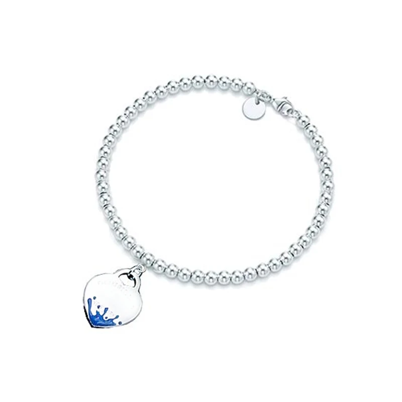 

TIFFON Lovers Jewelry 1:1 925 Sterling Silver Splash Enamel Heart 4mm Bead Bracelet Women Logo Original Classics Holiday Gift