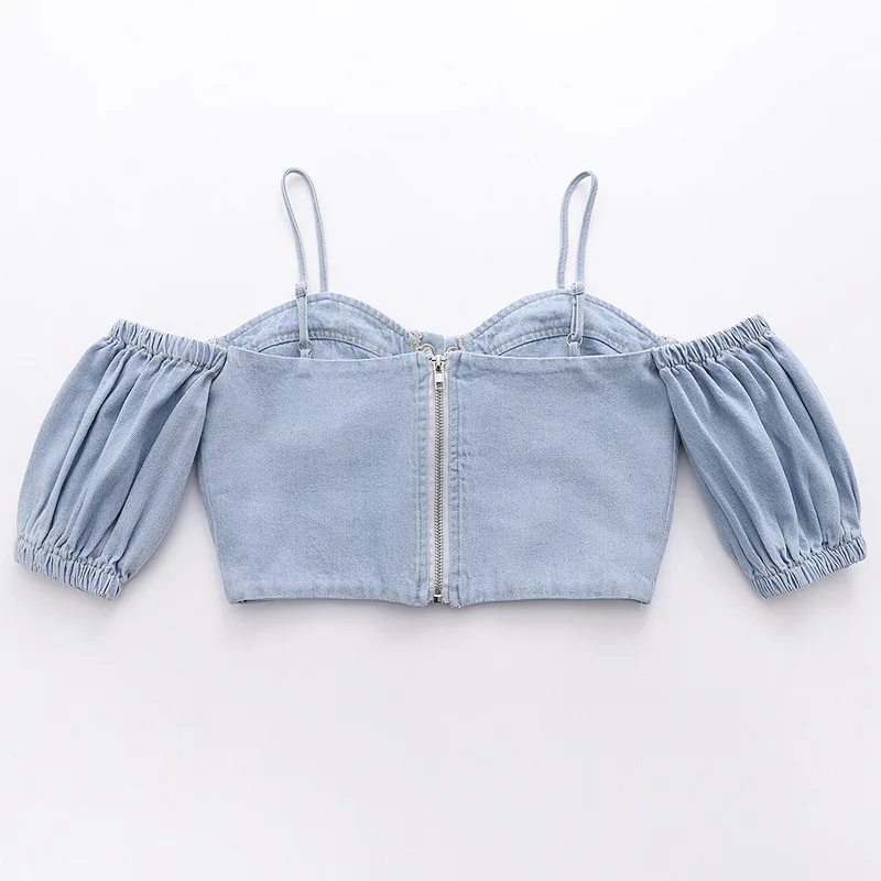

Women Sexy Strapless JeansTops Skinny Strapless Slim Short Denim Camis Blouse Lace-up Bandage Suspender Shirt Streetwear