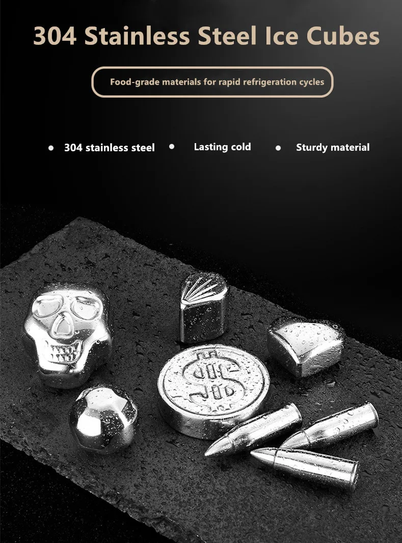 

Stainless Steel Ice Cubes, Reusable Chilling Stones for Whiskey Wine, Skull dollar petal bullet heart football ice cubes