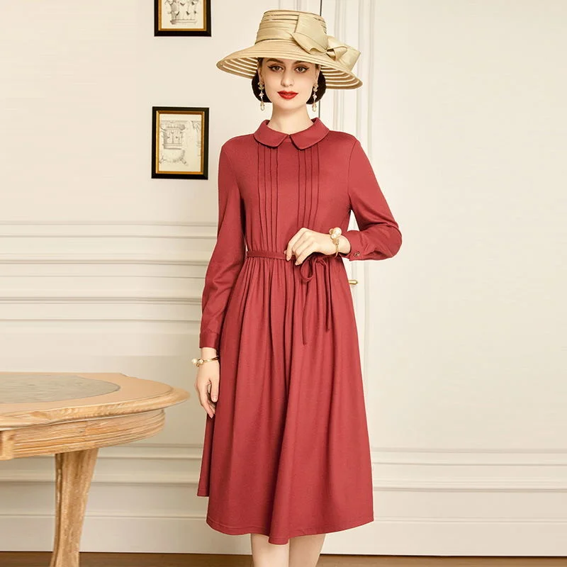 

Женское шерстяное платье с длинным рукавом SHZQ, красное платье-трапеция с кукольным воротником, универсальная юбка, осень 2021