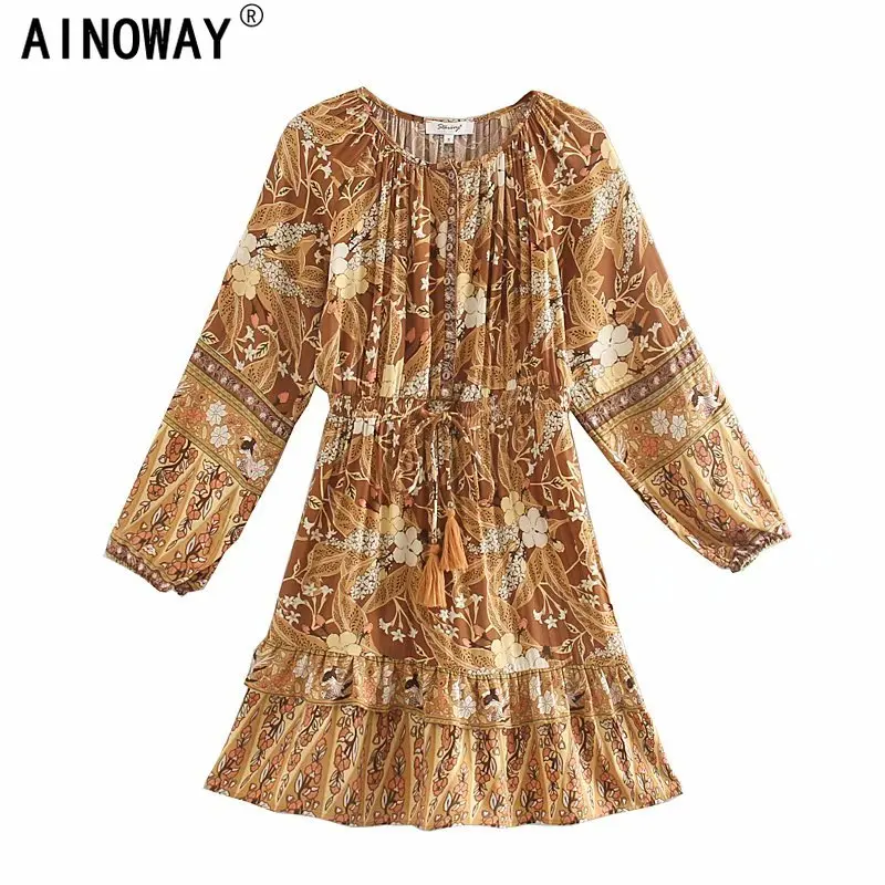 Женское платье с цветочным принтом длинным рукавом круглым вырезом и эластичной