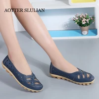 candy color genuine leather shoes flats spring summer soft slip on loafers 2021 blue hollow out peas shoes ladies comfy sandals