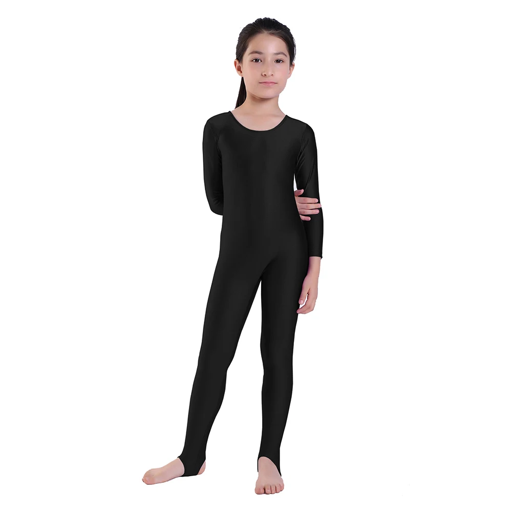 

Girls Dance Gymnastics Long Sleeve Unitard for Kids Jumpsuits Stirrup Lycra Show Stage Wear Zentai Childrens Unitards