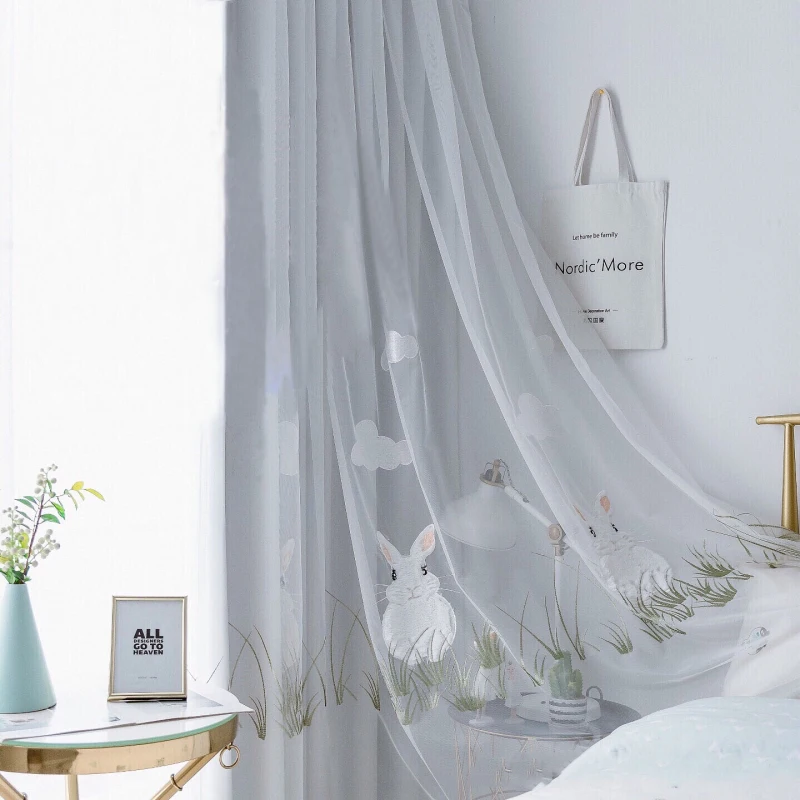 

Curtain for Living Room Cartoon White Rabbit Tulle Tower Embroidered Net Fabric Kitchen Window Treatment Blinds