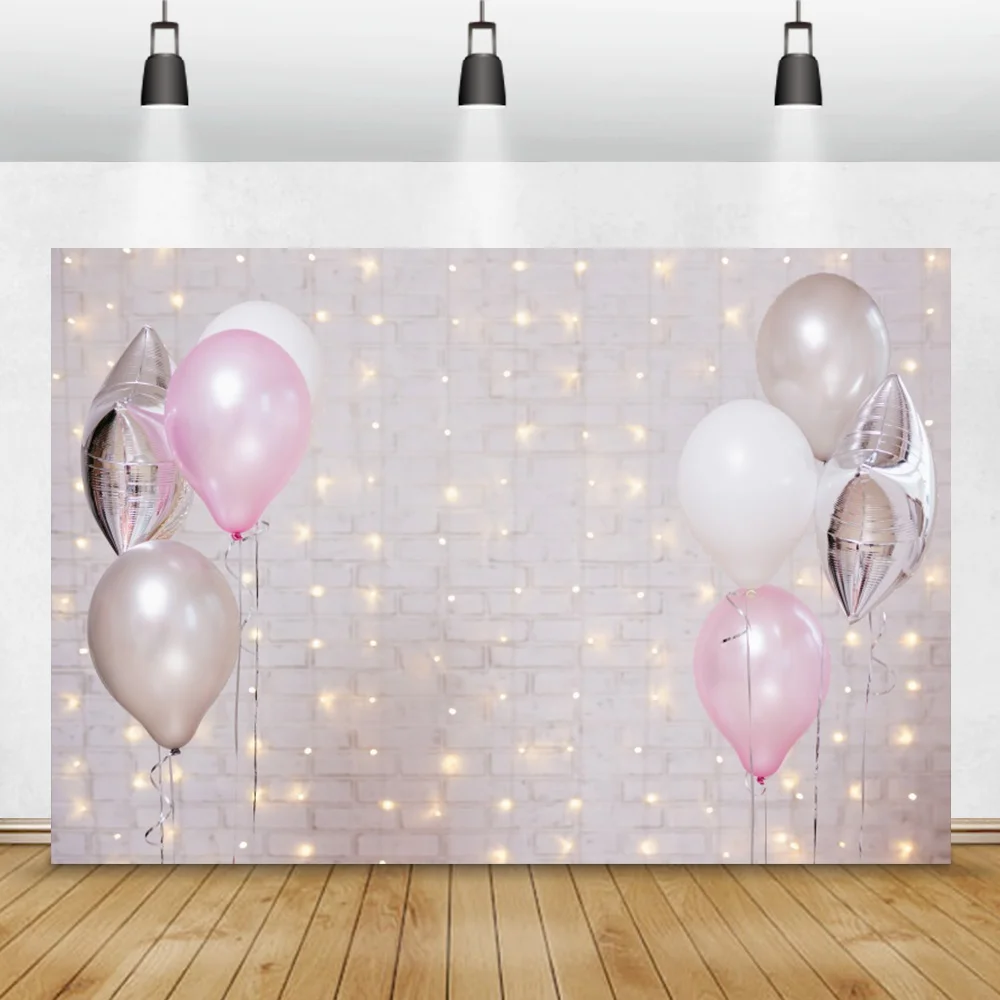 

White Brick Wall Light Decor Pink Balloons Birthday Scene Photography Backdrop Child Baby Portrait Family Photocall Background