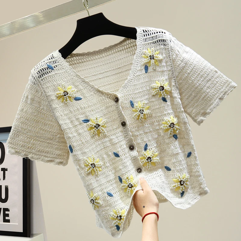 

Heavy Industry Beaded Cutout Top Summer Thin Sweater Shirt Woman Korean-Style Loose Slim-Looking Diamond Embroidered Knit Coat