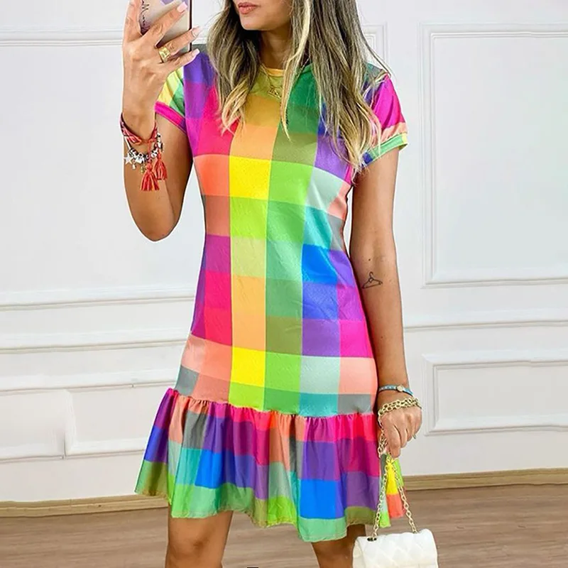 

rainbow color print dress women Summer short sleeve mini dress neck slim casual mini cheerleaders dress fashion short dresses