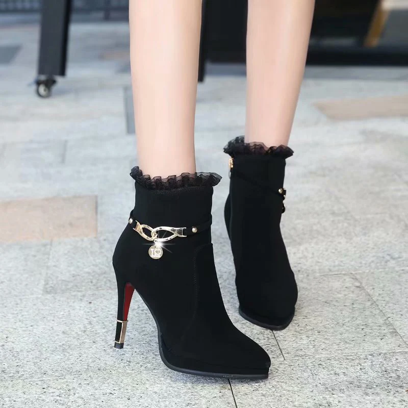 

2019 autumn new European and American fashion Martin boots ultra-high heel fine with wild pointed rhinestone short boots