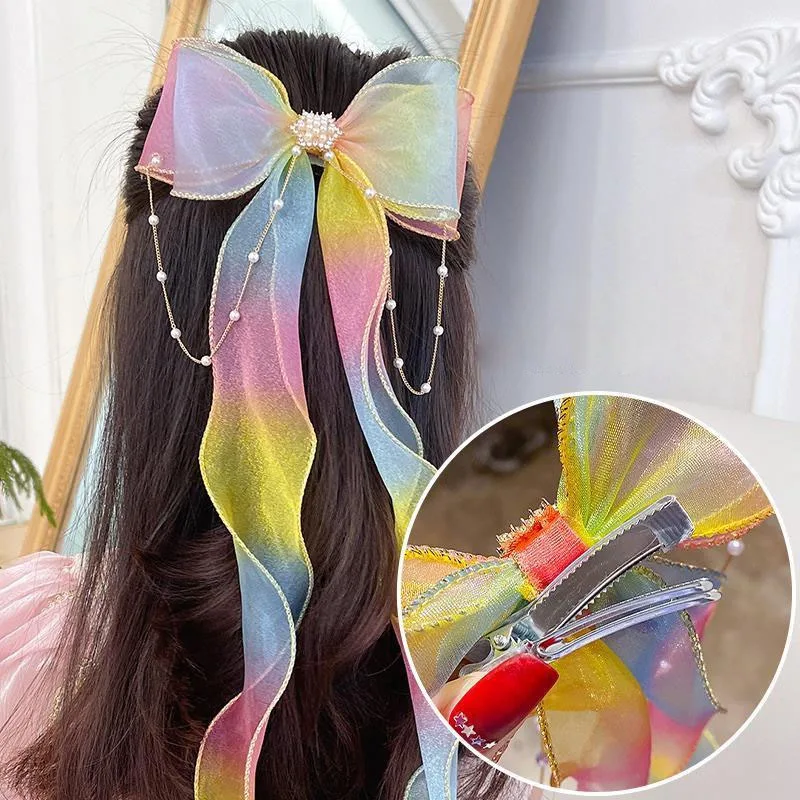 

New Korean Kids Baby Children Hair Accessories Gradient Rainbow Color Big Bow Princess Streamer Braided Hairpin Headdress