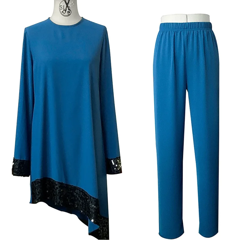 

Ramadan 2 Piece Set Muslim Women Turkey Asymmetry Blouse Wide Leg Pants Eid Suits Islamic Clothes