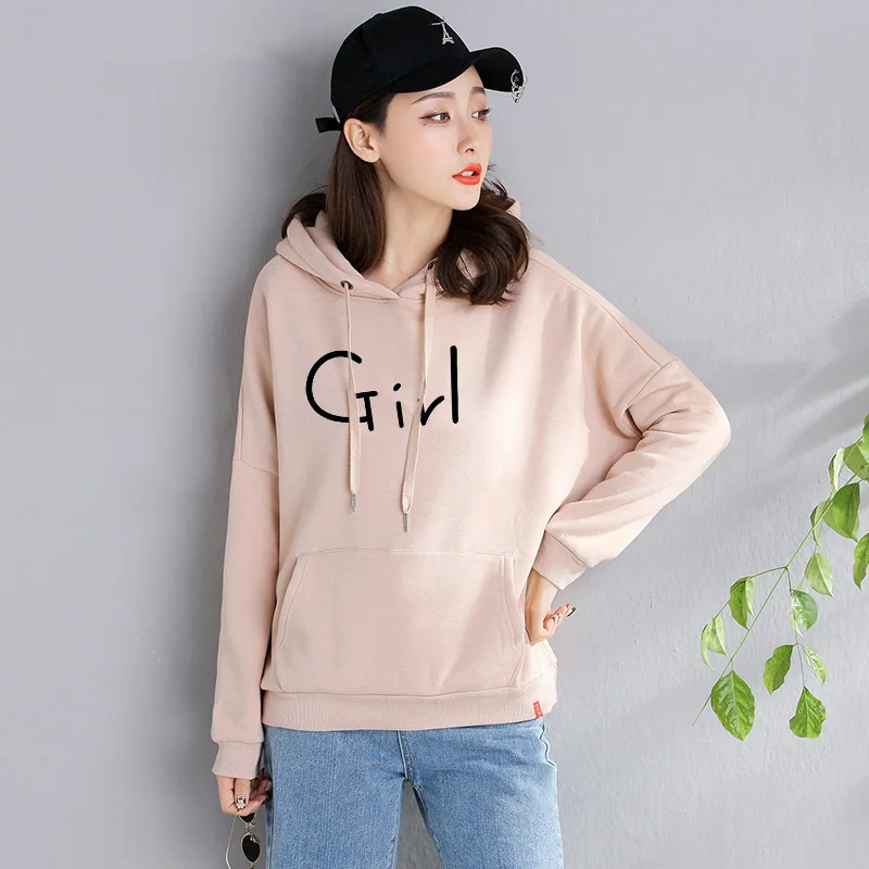 Новая мода полиэстер с длинным рукавом Письмо Харадзюку печати светло розовый