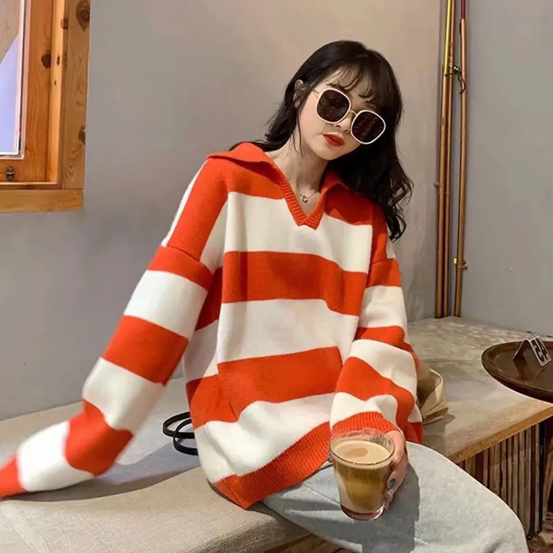 

Polo Collar Striped Sweater Women's Autumn And Winter 2022 New Korean Version Of Lazy Windcasual Loose Color Matching Sweater