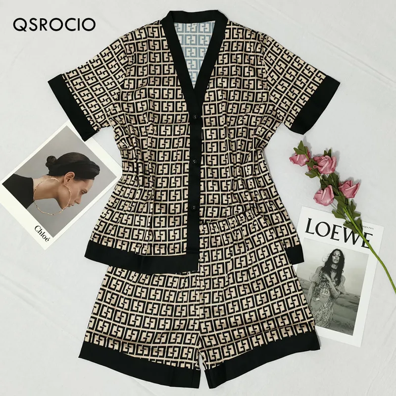 QSROCIO Women's Pajamas Set Luxury Fashion Cross Letters Print Short Sleeve Sleepwear Silk Like Leisure Home Clothes Nightwear