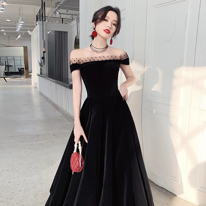 

Prom Gowns Burgundy Black Velour Boat Neck Dots Lace A-line Lace up Tea-length Plus size Customized Women Party Dresses A002