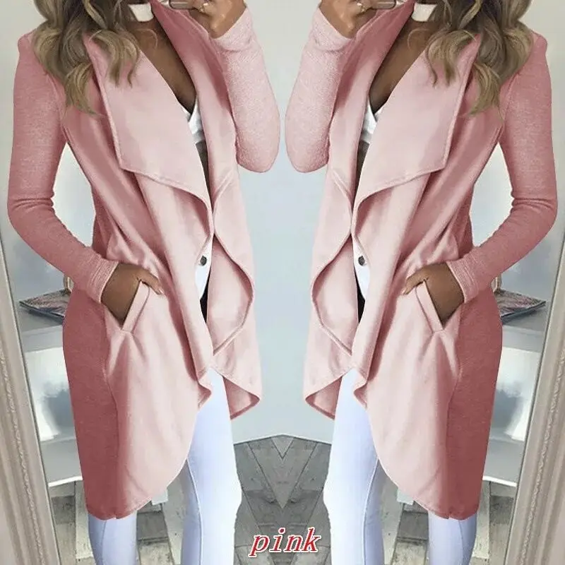 

2020 Waterfall Collar Double Pocket Front Wrap Autumn Long Coat Women Solid Long Sleeve Casual Slim Coat Outerwear Plus Size 5xl