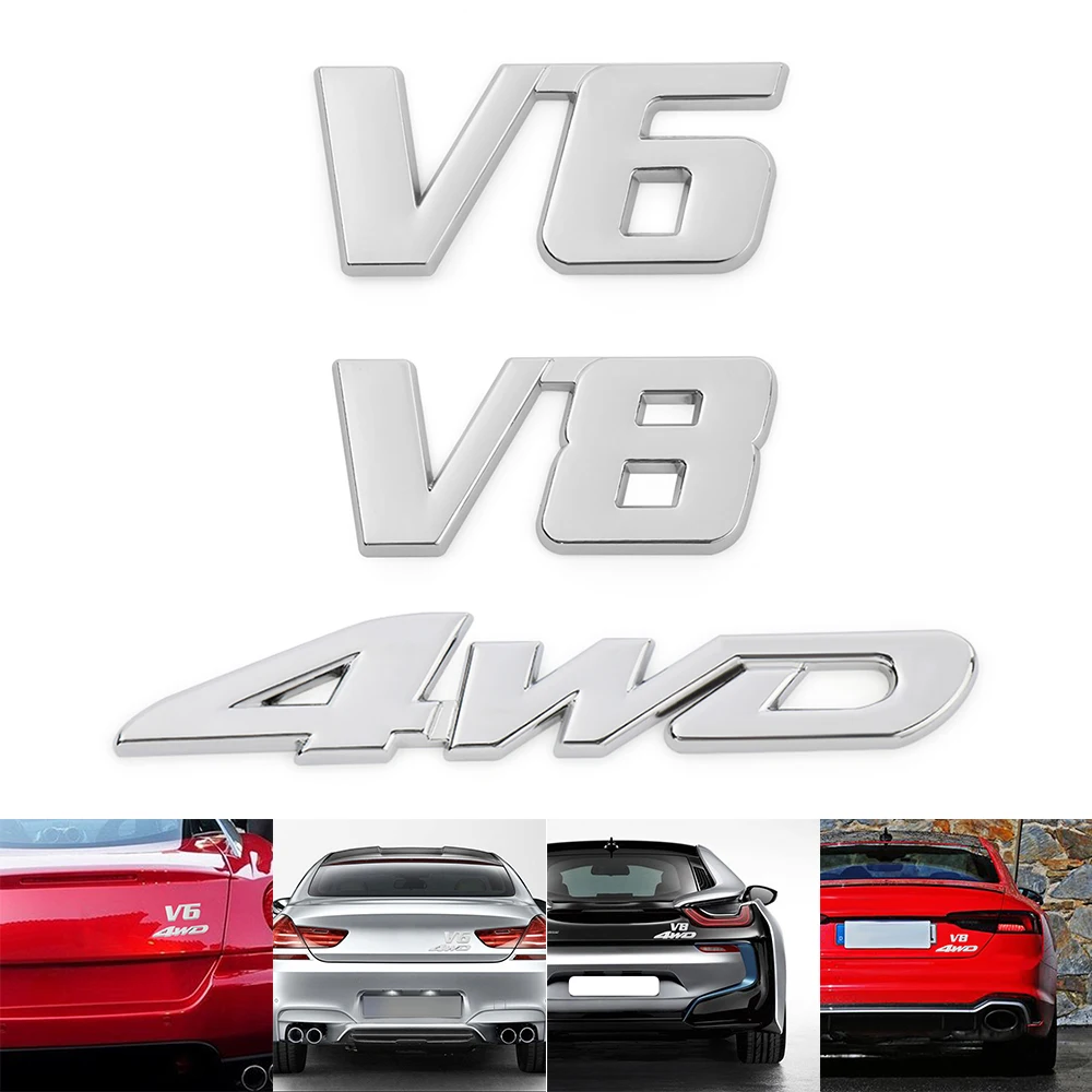 Серебряная металлическая 3D наклейка 4WD V6 V8 хромированная Автомобильная на заднюю