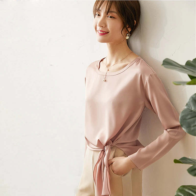 Высококачественная 100% шелковая блузка женская рубашка однотонная элегантная
