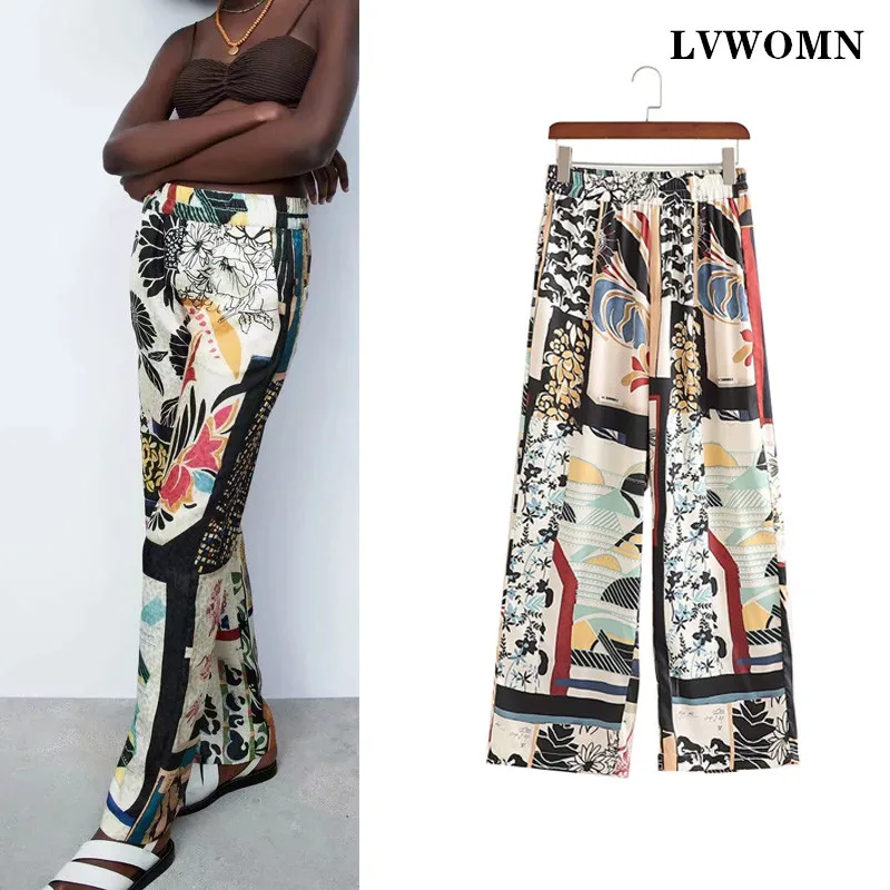 

LVWOMN Za Pants Women 2021Summer Patchwork Print Pants Woman High Waist Fashion Elastic Waist Side Pocket Casual Woman Trouser