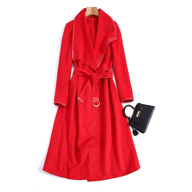 

The new winter 2020 women's wear wool woolen cloth spell leather side temperament women with female waist coat long coat