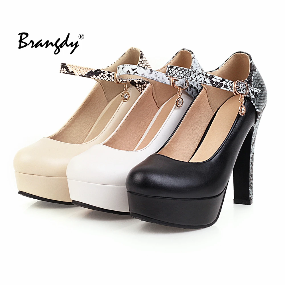 Brangdy Sexy Mary Janes New Women OL high heels Black PU Women Pumps Female Platform Winter Thick with Autumn Round Single Shoes
