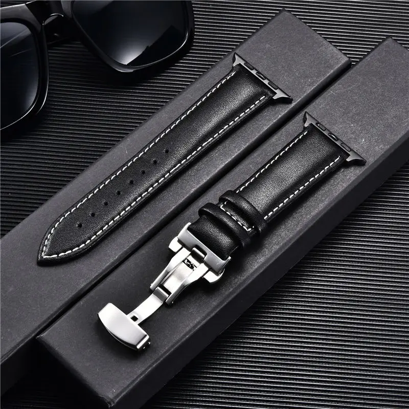 Leather Watchbands for Apple Watch 8 7 6 5 4 3 SE Butterfly Clasp Replace Wrist Strap 38mm 40mm 41mm 42mm 44mm 45mm iwatch Band