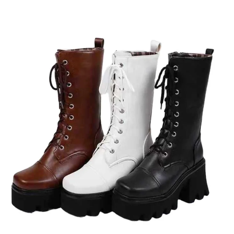 

2021 new products foreign trade women's boots thick-soled mid-pipe boots wedge heel genuine fashion ladies leather boots
