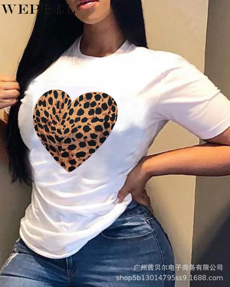 

WEPBEL Women Elegant Leopard Heart Print Shirt Top Ladies Short Sleeve O Neck Spring Fashion T-shirt