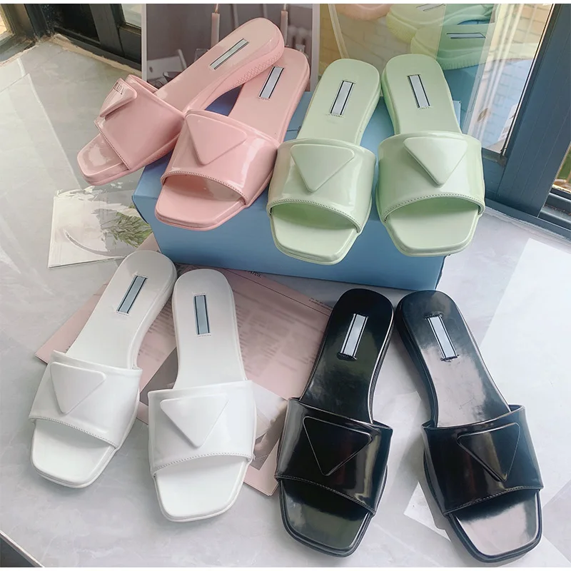 

2021 Summer Women Slippers Brand Designer Flat Candy Color Jelly Slides Comfort Square Toe Non-Slip New Fashion Females Shoes